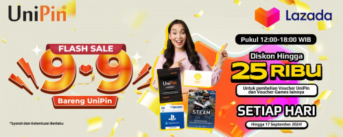 Flash Sale 9.9 Lazada - Diskon Voucher UniPin dan Voucher Game Hingga 25Ribu Setiap Hari!